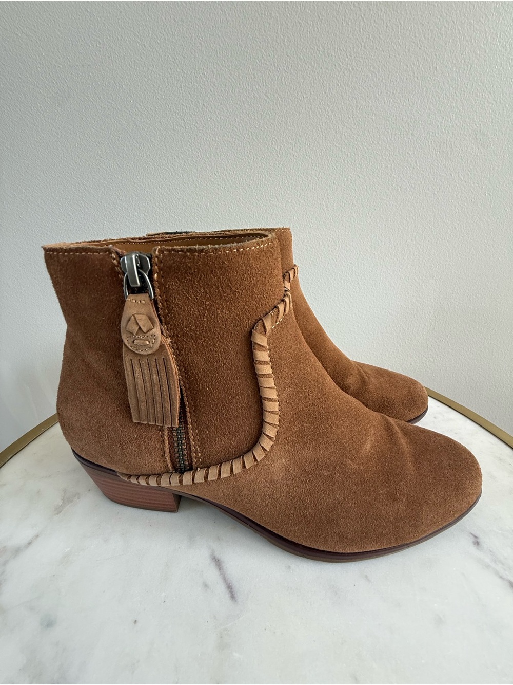 Jack Rogers Suede Tassel Ankle Boots in Chestnut Brown Booties